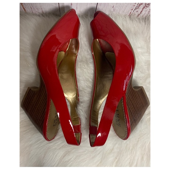 Red Patent Leather Peep Toe Slingback Wedges { Franco Sarto } - Picture 2 of 11